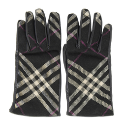 Burberry Plaid Pattern Gloves, Wool/Leather, Black, Sz 7, 2*